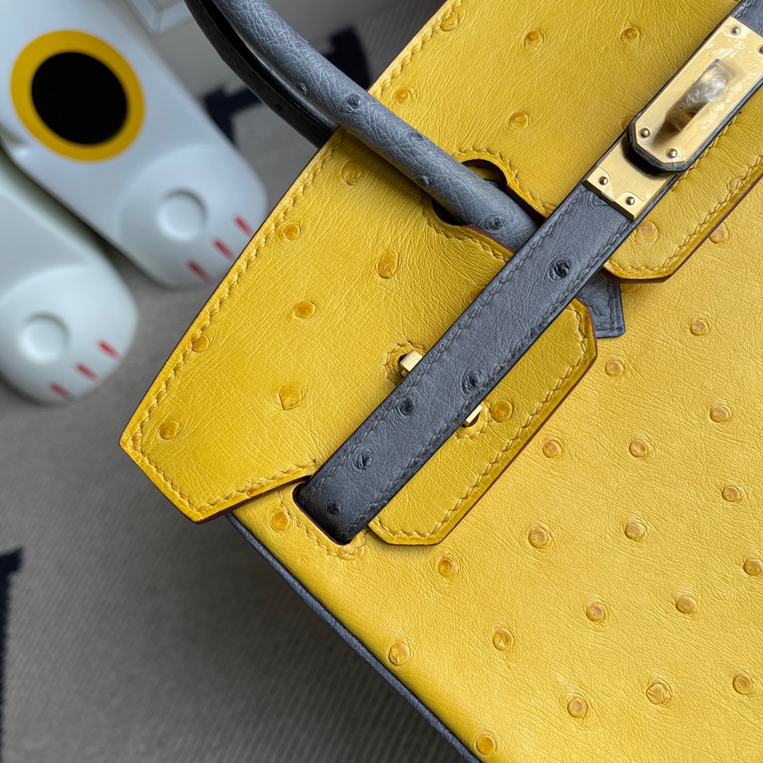 에르메스 버킨백25 앰버 옐로우 그레이 금장 타조가죽